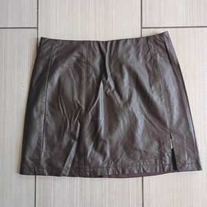 Native Dark Brown Faux Leather Mini Skirt with Side Slit
